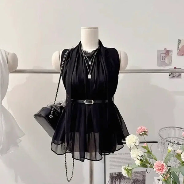 [BUNJANG] Belt Set Tie Chiffon Sleeveless Blouse / 에이블리 지그재그 하객룩 타이 쉬폰 나시 블라우스 벨트 세트