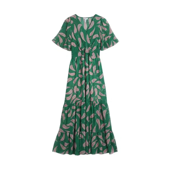 [BUNJANG] Women's Seven Five Eight Leaf Pattern Long Sleeve Dress / 여성F/ 세븐파이브에잇 리프 패턴 반팔 롱원피스 GN 37-4