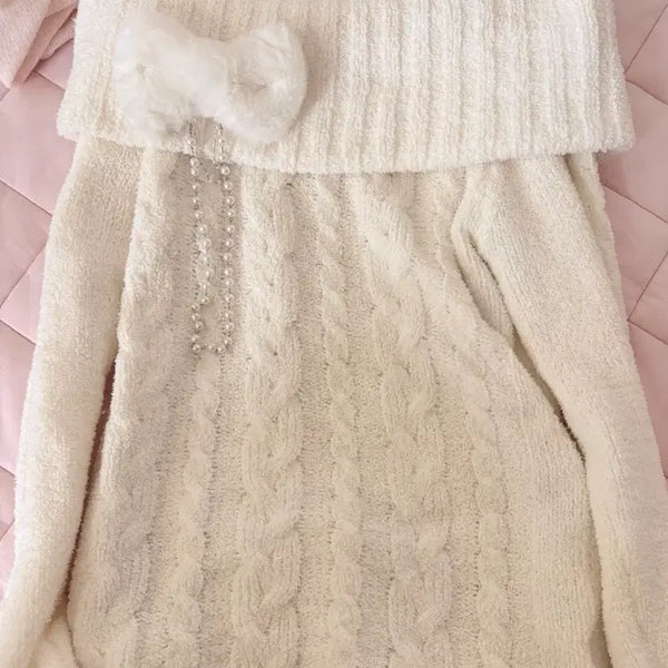 [BUNJANG] Lizlisa Tralala Off-Shoulder Knit Sweater with Large Ribbon / 라떼갸루 리즈리사 트랄라라 핀터깔 왕리본 오프숄더