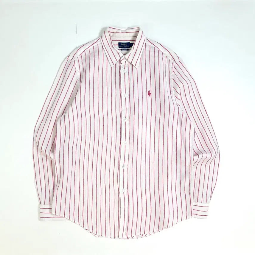 [BUNJANG] Polo Ralph Lauren Linen Striped Shirt Pink M / Polo 폴로 랄프로렌 QR현행탭 린넨셔츠 스트라이프 M 핑크