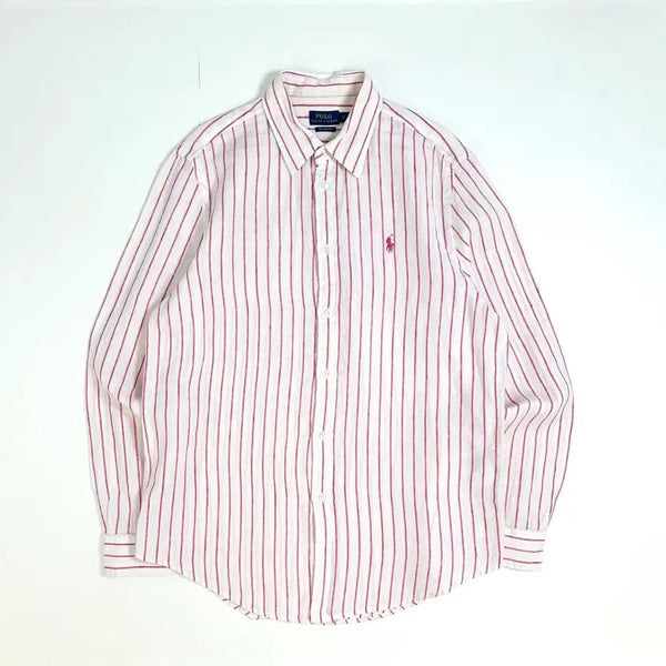 [BUNJANG] Polo Ralph Lauren Linen Striped Shirt Pink M / Polo 폴로 랄프로렌 QR현행탭 린넨셔츠 스트라이프 M 핑크
