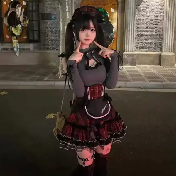 [BUNJANG] Gothic Plaid Corset Maid Outfit Set / 고딕풍 체크 패턴 코르셋 메이드복 셋업
