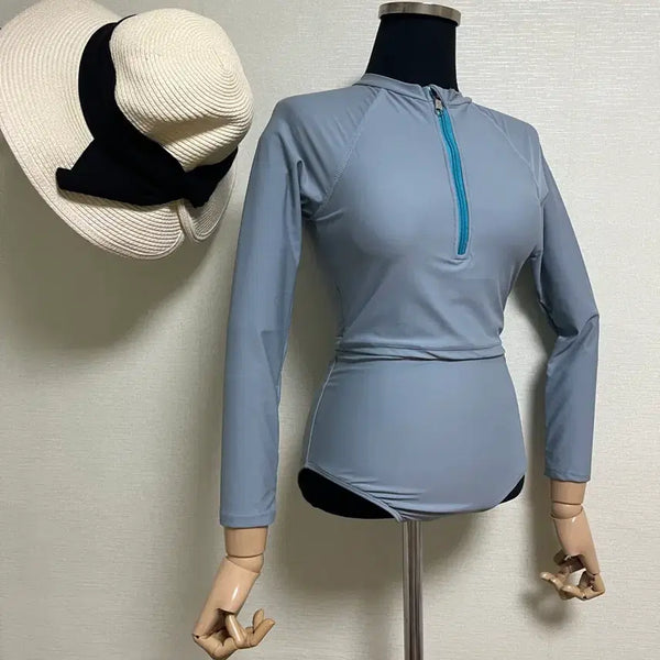 [BUNJANG] Sea Gray Half-Zip Two-Piece Rash Guard Set / 소라그레이반집업투피스래쉬가드