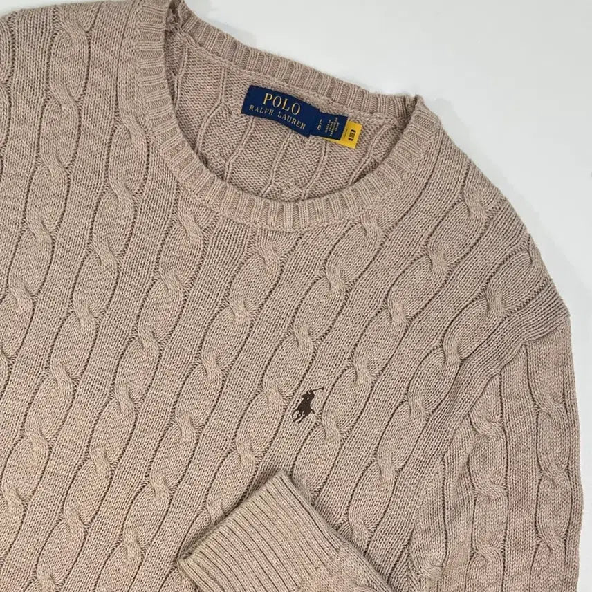 [BUNJANG] Polo Ralph Lauren QR Tab Cable Knit Oatmeal Brown (L) / Polo 폴로 랄프로렌 QR현행탭 케이블 니트 오트밀브라운 (L)