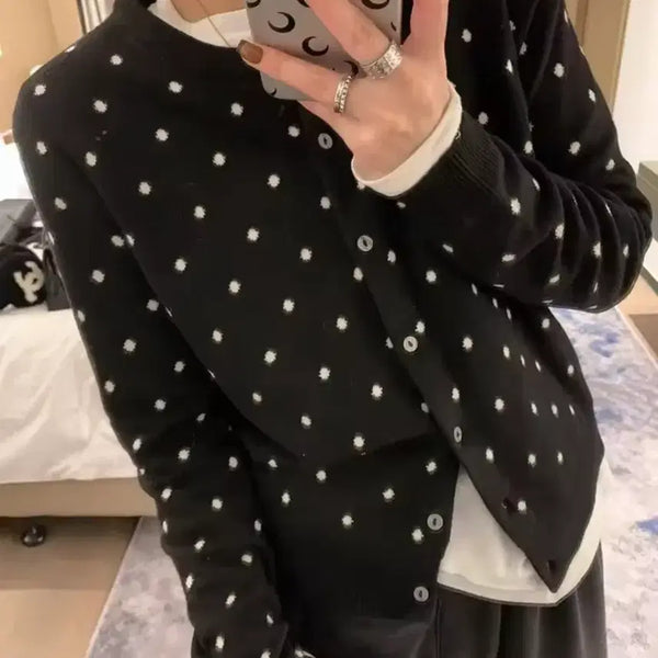 [BUNJANG] Polka Dot Round Neck Cardigan Black / 폴카 도트 땡땡이 라운드넥 가디건 블랙