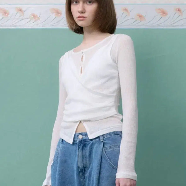 [BUNJANG] Myr Myr Aoi Shirring Layered Cardigan Sheer See-through Summer Long Sleeve / (새상품) 뮈르뮈르 아오이 셔링 레이어드 가디건 시어 시스루 여름 긴팔