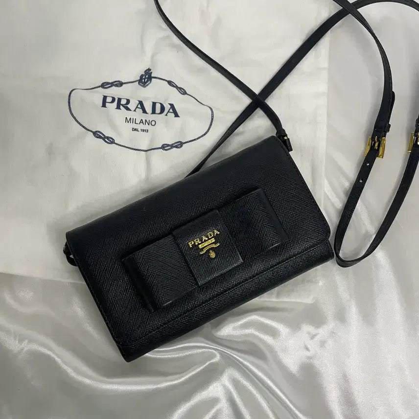 [BUNJANG] Prada Saffiano Ribbon Crossbody Bag Black / 프라다 사피아노 리본 크로스백 블랙 A급 더스트백 포함