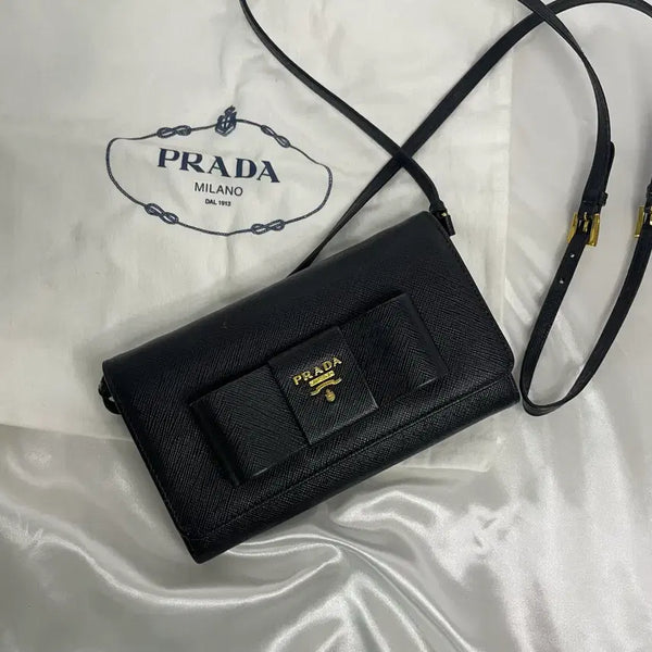 [BUNJANG] Prada Saffiano Ribbon Crossbody Bag Black / 프라다 사피아노 리본 크로스백 블랙 A급 더스트백 포함