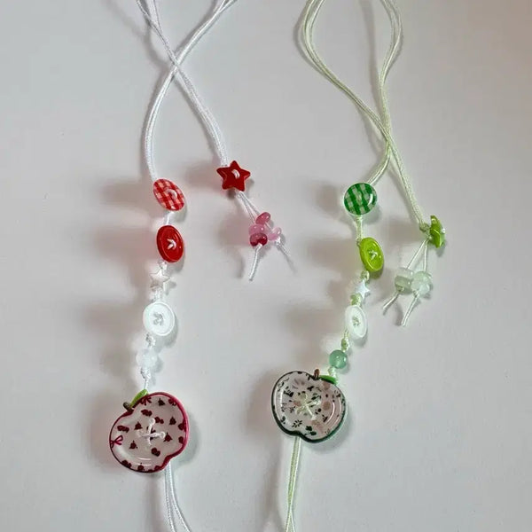 [BUNJANG] Apple & Green Apple Button Bookmark Set / 사과 청사과 단추 비즈 끈갈피