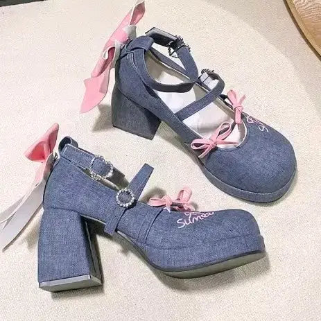 [BUNJANG] Denim Print Lolita Heels - Size 240 / 데님무늬 로리타구두 240사이즈