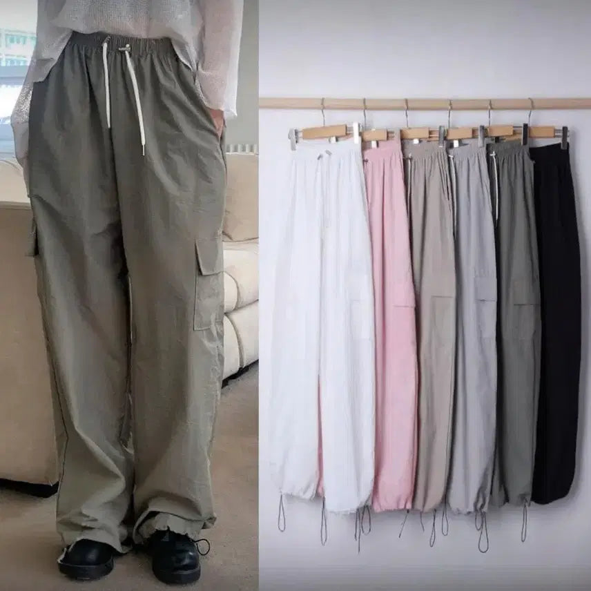[BUNJANG] Women's Summer Wide Cargo Jogger Training Pants / 여성 여름 바스락 카고 밴딩 스트링 끈조절가능 와이드 조거 트레이닝 바지