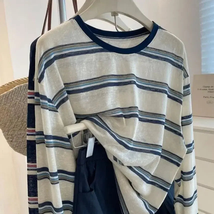 [BUNJANG] Women's Round Neck Loose Fit Long Sleeve Striped T-Shirt / 여성 여름 라운드넥 루즈핏 긴팔 단가라 스트라이프 데일리 데이트 여행 룩