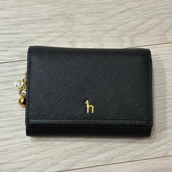 [BUNJANG] Hazzys Black Leather 3-Fold Wallet with Puppy Charm / 헤지스 블랙 퍼피장식 버블참 장식 소가죽 3단 반지갑