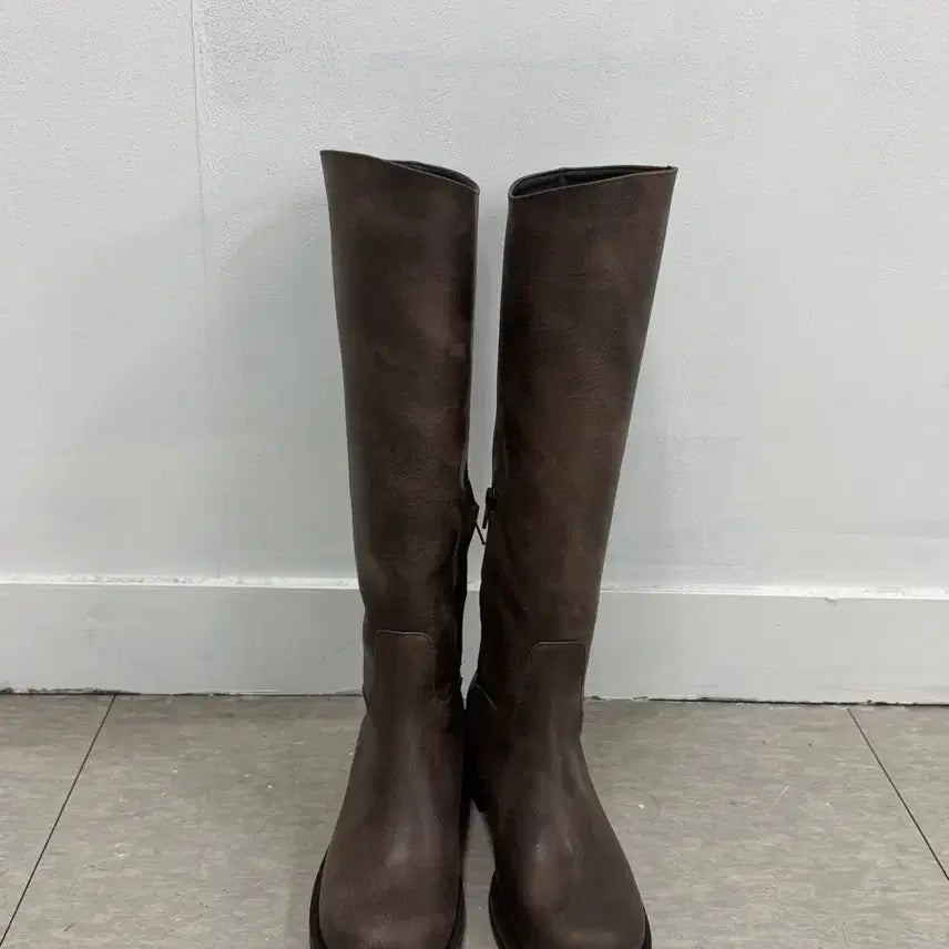 [BUNJANG] LilyShu Square Toe Half Leather Long Boots / 릴리슈 스퀘어토 하프 가죽 롱부츠