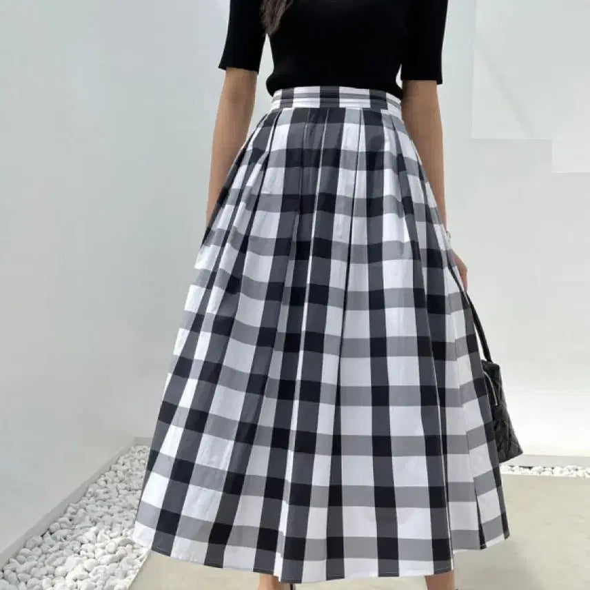 [BUNJANG] Orr Gingham Check Full Long Skirt Black Flare Cotton A-Line Skirt / 오르orr 깅엄체크 풀 롱 스커트 블랙 플레어 바스락코튼a라인치마하객룩