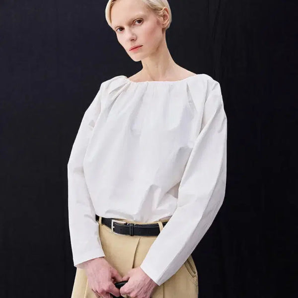 [BUNJANG] Wemine Venuce Cotton Blouse White / 위메농 비너스 코튼 블라우스 화이트 셔링핀턱바스락루즈핏크루넥긴팔셔츠
