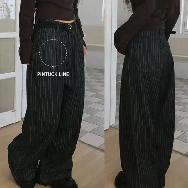 [BUNJANG] Vertical Stripe Pintuck Wide Pants - Size S (New) / 세로 스트라이프 핀턱 와이드 팬츠 S 새제품