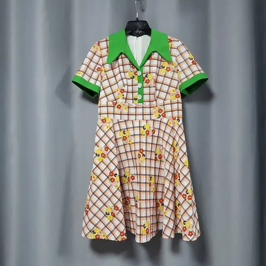 [BUNJANG] Checkered Flower Collar Dress / 체크 플라워 카라 원피스