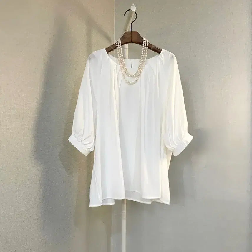 [BUNJANG] Puff Chiffon Shirring Round Neck Summer Blouse / 화이트반팔 퍼프쉬폰 셔링라운드넥 여름빅사이즈 블라우스