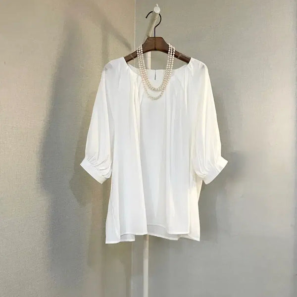 [BUNJANG] Puff Chiffon Shirring Round Neck Summer Blouse / 화이트반팔 퍼프쉬폰 셔링라운드넥 여름빅사이즈 블라우스