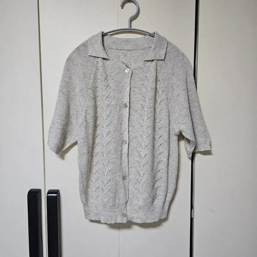 [BUNJANG] Linen Blend Collared Punch Short Sleeve Cardigan / [새상품] 린넨 혼방 카라 펀칭 반팔 가디건