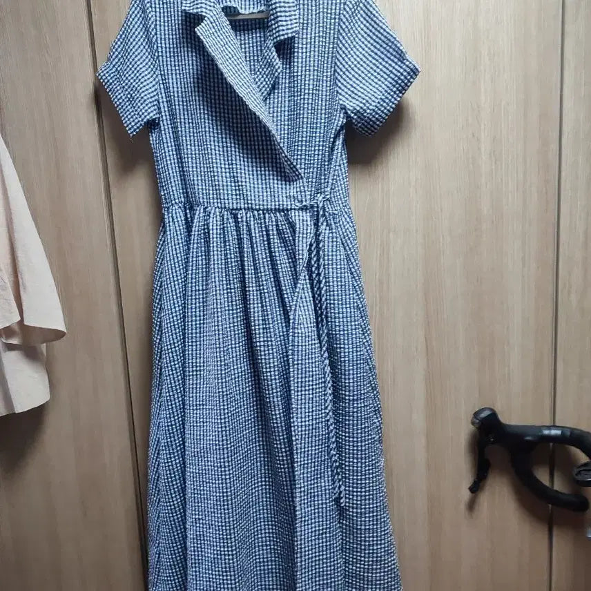 [BUNJANG] Navy Gingham Check Long Wrap Dress / 최종가격내림)체크무늬 네이비 지지미 롱랩 원피스 새제품