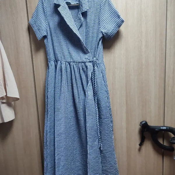[BUNJANG] Navy Gingham Check Long Wrap Dress / 최종가격내림)체크무늬 네이비 지지미 롱랩 원피스 새제품