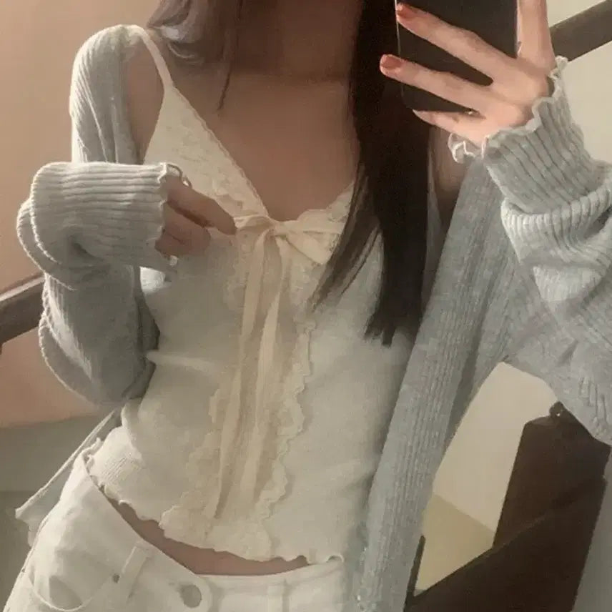[BUNJANG] Ninii Ribbed Lace Layered Sleeveless Top Cream / 나이니 리본 골지 레이스 레이어드 나시 슬리브리스 크림