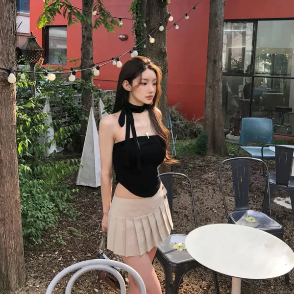 [BUNJANG] Black Tube Top Mini Pleated Skirt Set / 플립 블랙 튜브탑  미니 플리츠 스커트 코디세트