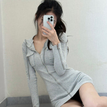 [BUNJANG] LOOKCATME Y2K Slim Two-Pocket Hoodie Zip-Up Mini Dress / 룩캣미 y2k 슬림 투포켓 후디 집업 스판 미니원피스