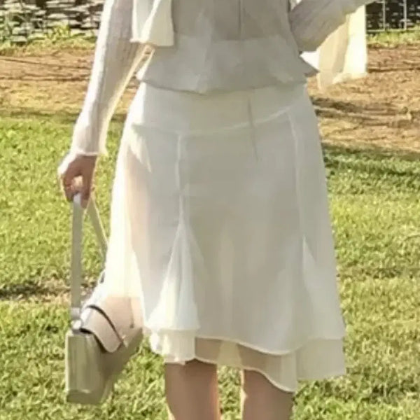 [BUNJANG] White Chiffon Flare Midi Skirt / 화이트 쉬폰 플레어 스커트