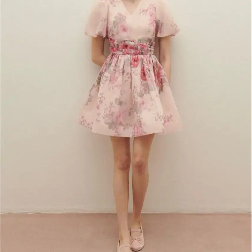 [BUNJANG] Satin Floral Puff Sleeve Midi Dress / 샤틴플로럴 퍼프소매 원피스