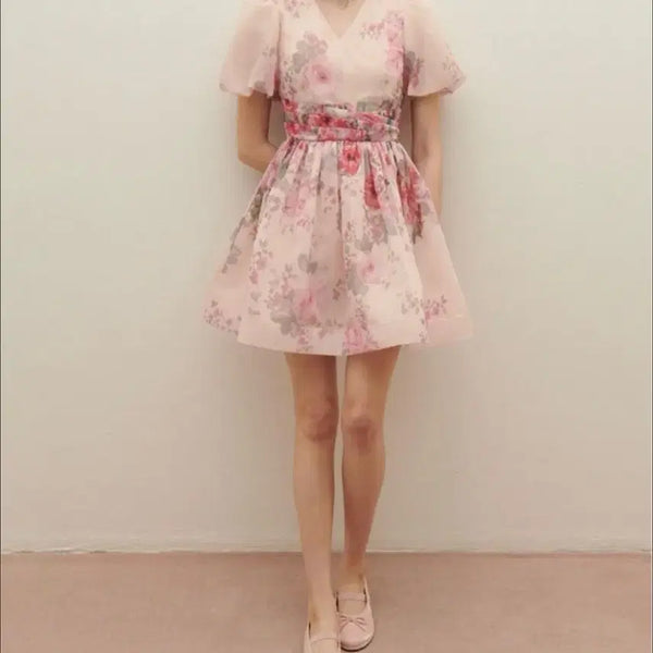 [BUNJANG] Satin Floral Puff Sleeve Midi Dress / 샤틴플로럴 퍼프소매 원피스