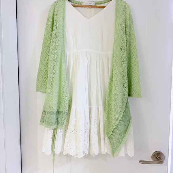 [BUNJANG] Vintage Fairy Punching White Dress Cardigan Set / 일본빈티지 페어리 펀칭 화이트원피스 가디건 세트