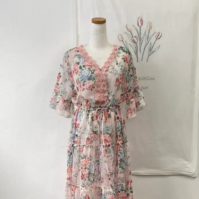 [BUNJANG] Floral Chiffon See-Through Dress - Pink / 새상품-플로럴 쉬폰 시스루 원피스 핑크
