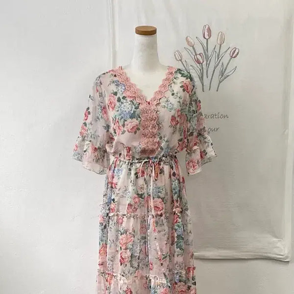 [BUNJANG] Floral Chiffon See-Through Dress - Pink / 새상품-플로럴 쉬폰 시스루 원피스 핑크