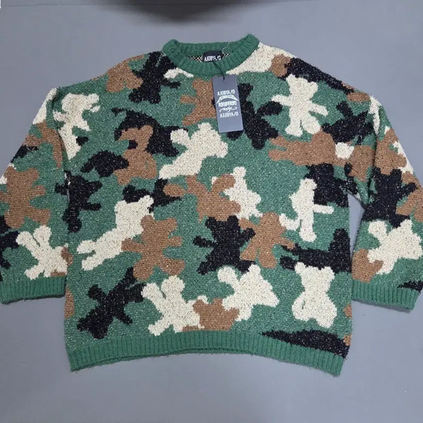 [BUNJANG] AJO BY AJO Teddy Bear Camouflage Knit Sweater Khaki / 아조바이아조 테디 베어 카모플라쥬 니트 스웨터 카키
