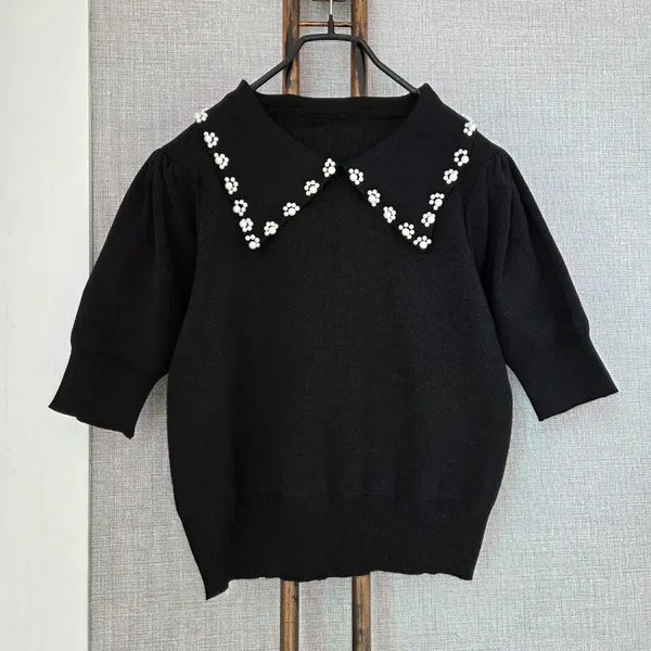 [BUNJANG] Pearl Collar Voluminous Sleeve Knit / 진주알 카라 볼륨소매 니트