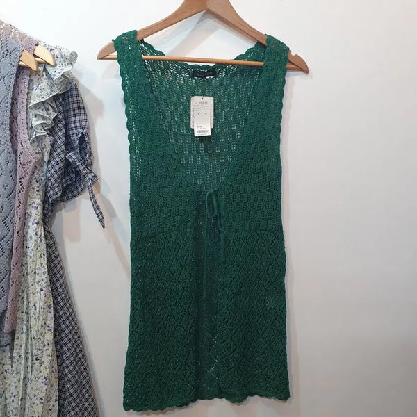 [BUNJANG] Deep Green Mori Ribbon Knit Long Vest / 딥그린 모리 리본 니트 롱 조끼