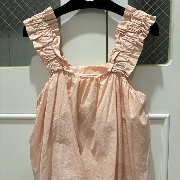 [BUNJANG] Pink Frill Sleeveless Blouse - Built-in Lining / 원가3[새상품]노브라 국내제작 핑크색 프릴 민소매 나시 블라우스