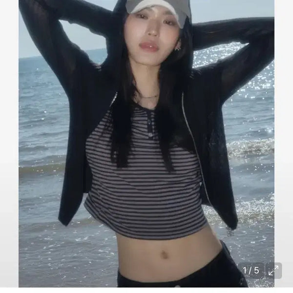 [BUNJANG] AzON Nadia Summer Knit Zip-Up Hoodie Black / 애즈온 여름 후드집업(NADIA SUMMER KNIT ZIP-UP)