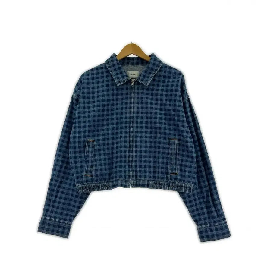 [BUNJANG] WHO'S WHO gallery Denim Gingham Check Cropped Zip-Up Jacket / 일본 여성 후즈후 갤러리 데님 깅엄 체크 크롭 집업 재킷