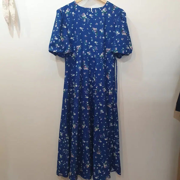 [BUNJANG] Balloon Sleeve Blue Flower Long Dress / 벌룬 소매 블루 플라워 롱 원피스
