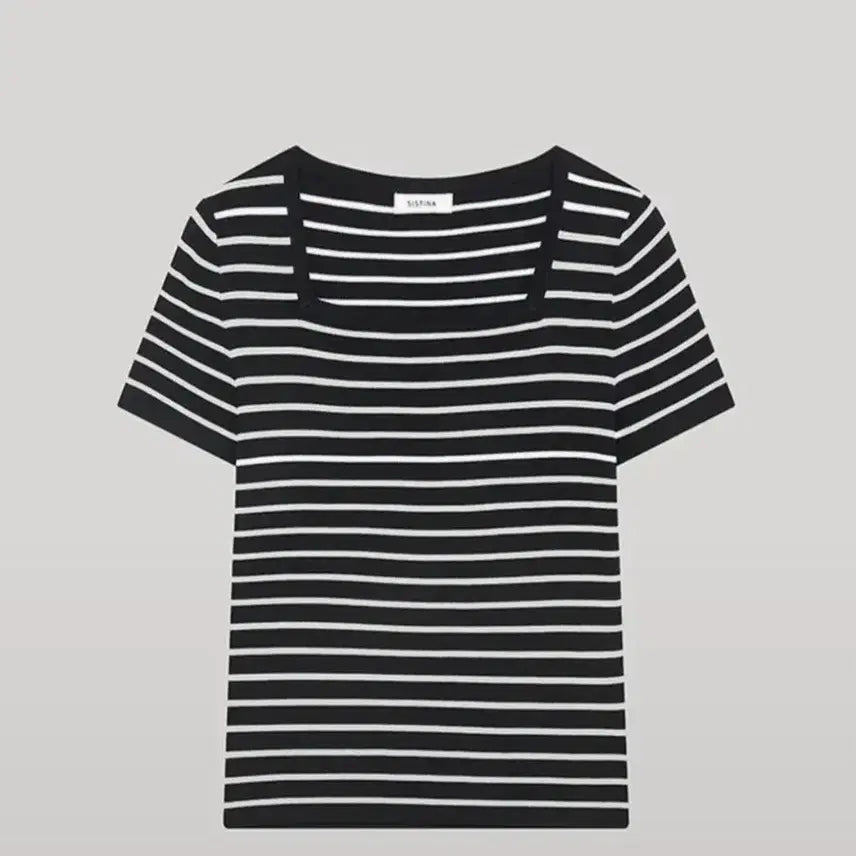 [BUNJANG] Sistina Stripe Square Neck Short Sleeve T-shirt / 시스티나 스트라이프 스퀘어넥 반팔 티셔츠 55