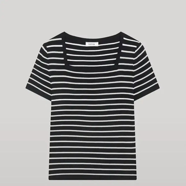 [BUNJANG] Sistina Stripe Square Neck Short Sleeve T-shirt / 시스티나 스트라이프 스퀘어넥 반팔 티셔츠 55