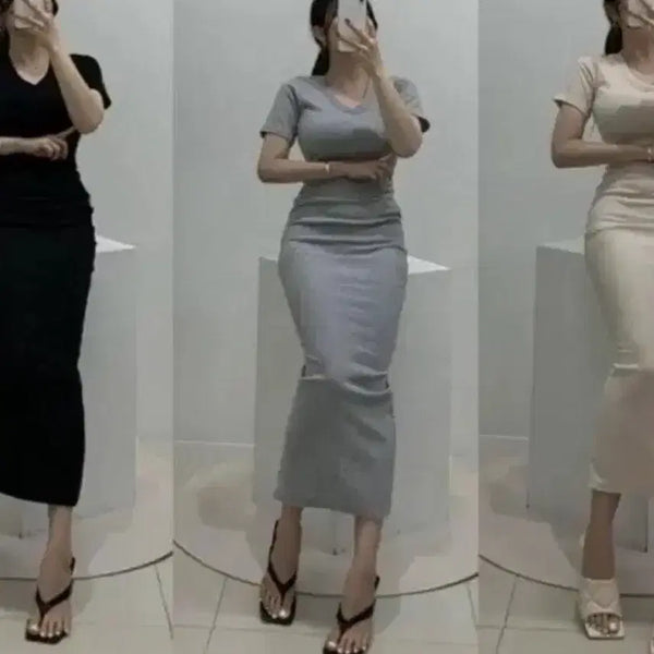 [BUNJANG] Ribbed V-Neck Mermaid Long Dress / 골지 브이넥 머메이드 롱원피스
