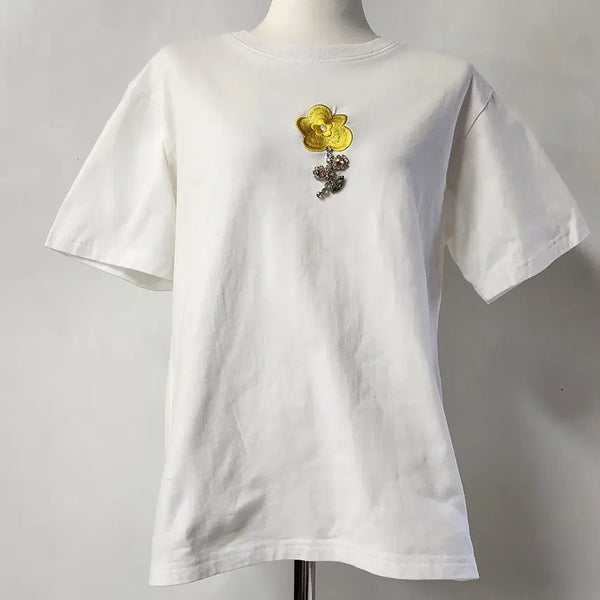 [BUNJANG] SHUSHU TONG Flower Embroidered Beads Cubic Short Sleeve T-shirt White UK 10 / [정품] 슈슈통 플라워 자수 비즈 큐빅 반팔 티셔츠 화이트 10