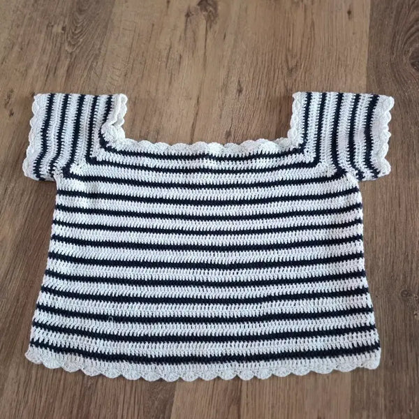 [BUNJANG] Mango Stripe Crochet Lace Square Neck Top / 망고스트라이프 크로쉐