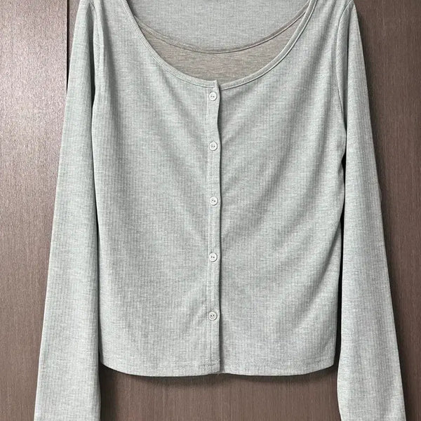 [BUNJANG] MIXXO Button-Front Layered Long-Sleeve T-Shirt / (새상품) 미쏘 버튼형 레이어드 긴팔 티셔츠 95