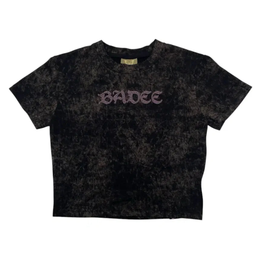 [BUNJANG] Badee Black Tie-Dye Stud Logo Crop Short-Sleeve T-Shirt / 배디 Badee 블랙 타이다이 스터드 로고 크롭 반팔 티셔츠